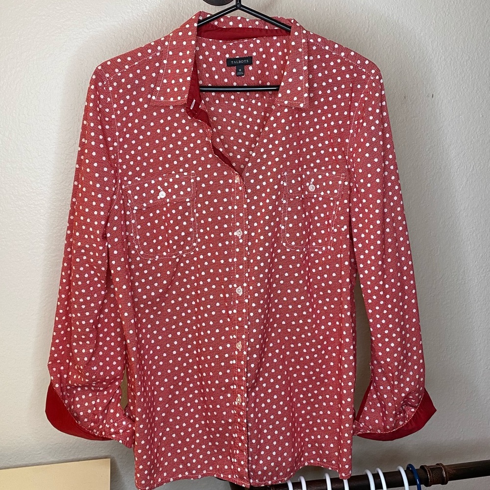 Talbots Cotton Polka Dot Print Shirt - Red & White Size 18